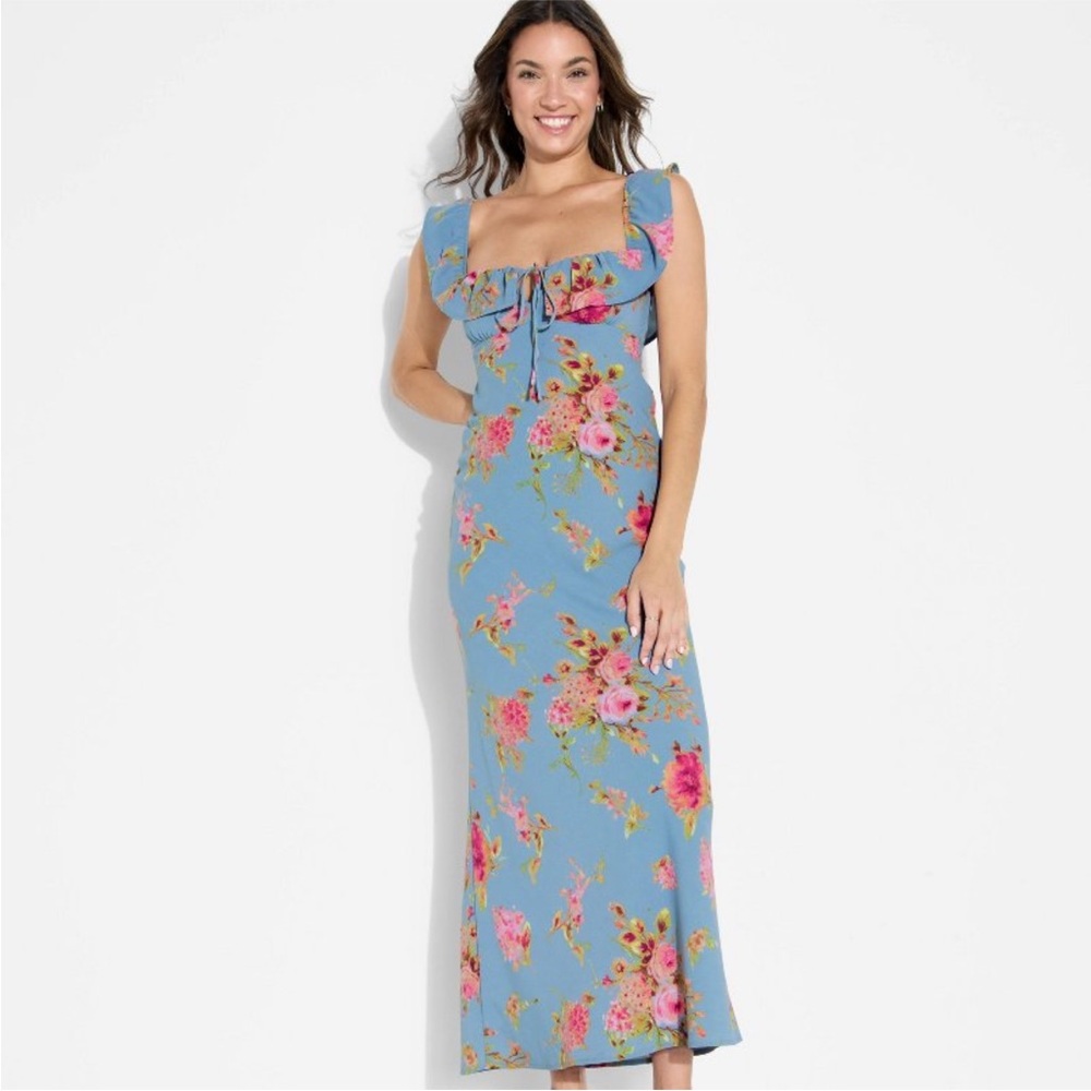Women's Flounce Sleeve Maxi Empire Waist Dress - Wild Fable Slate Blue Floral XS